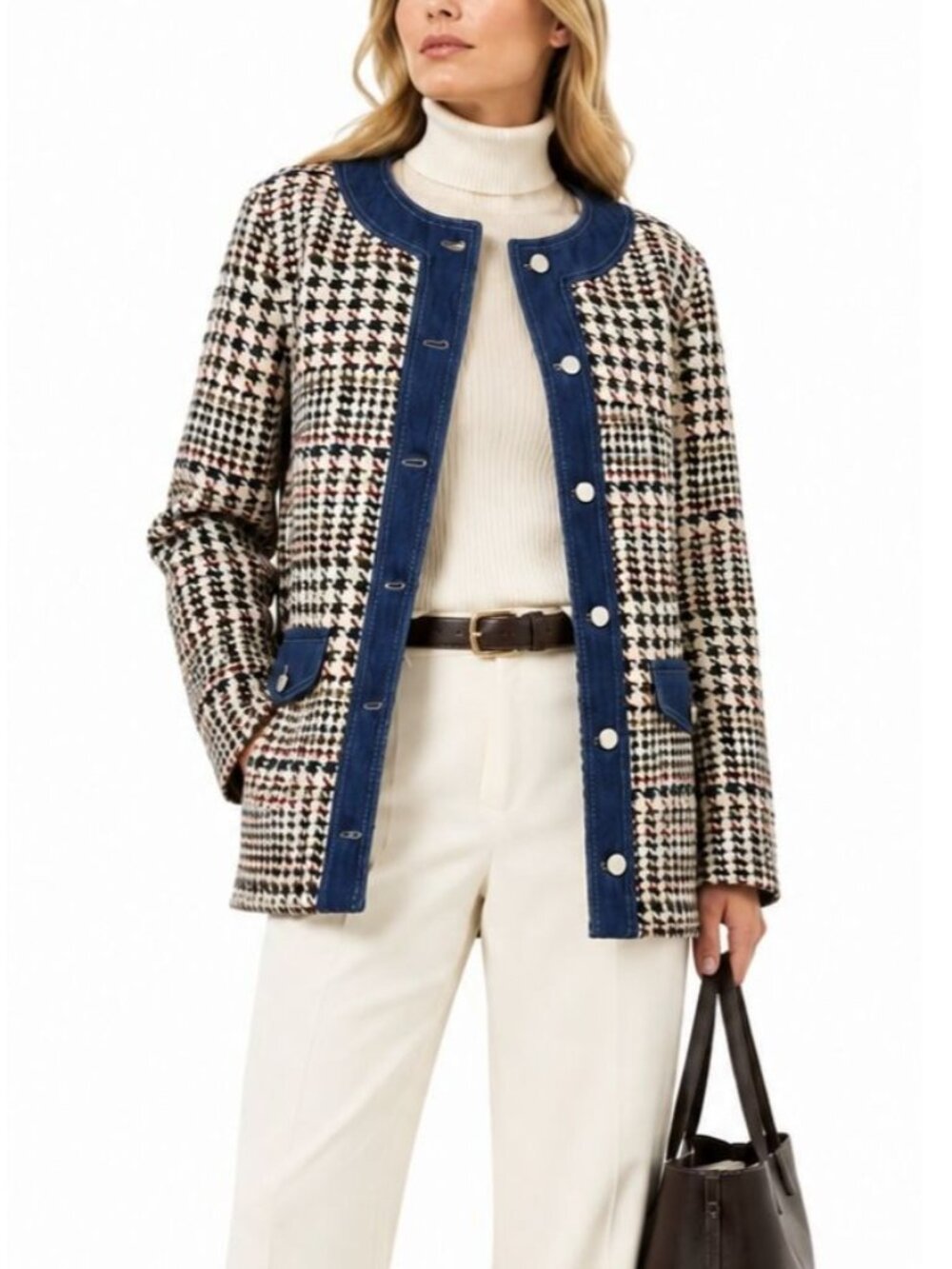 Akris Punto Houndstooth Jacquard Denim Trim Jacket